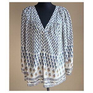 Joie Silk Boho Print Blouse | Cream Blue V-Neck Long Sleeve Top